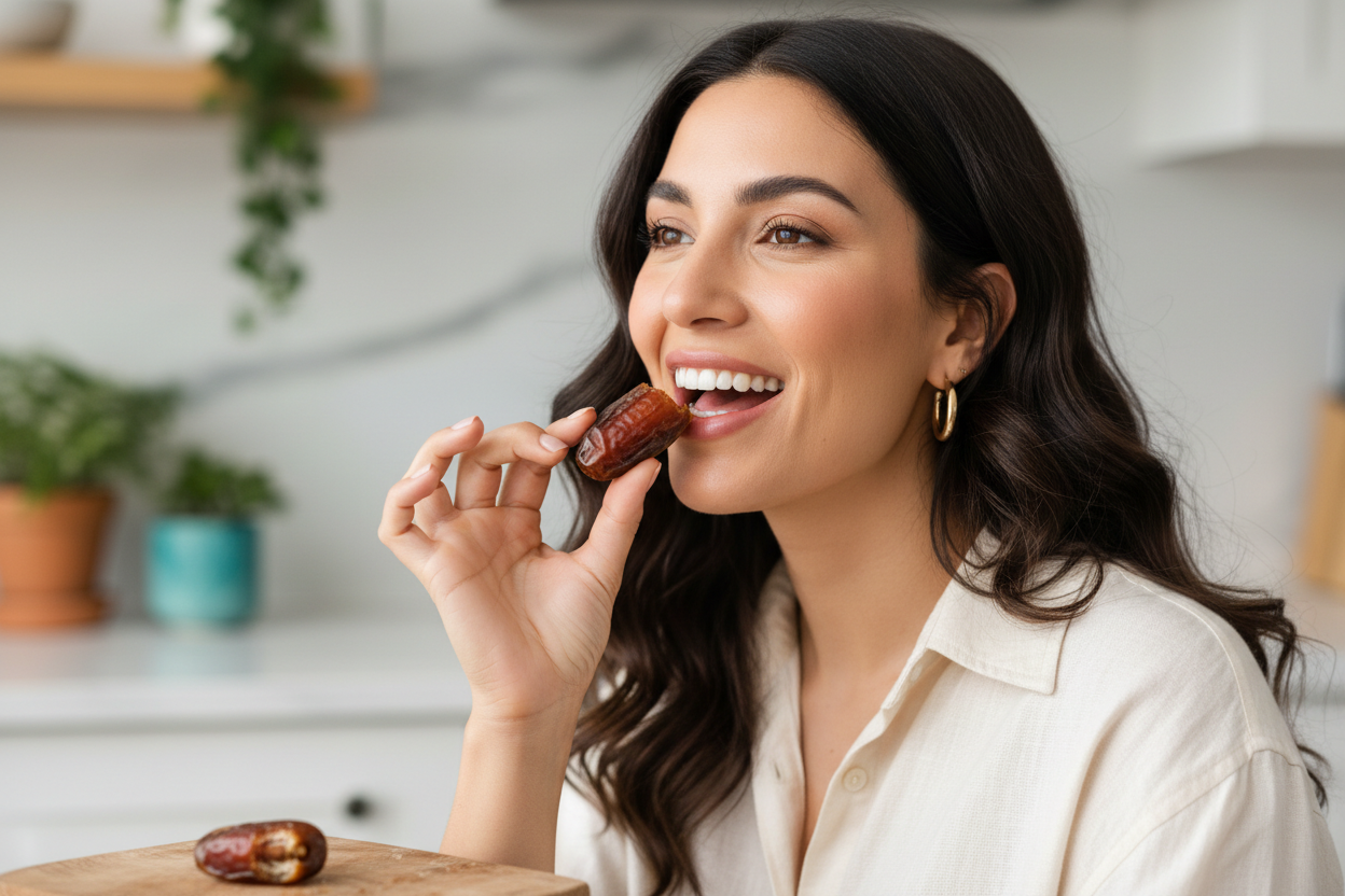 Create a hyper-realistic, high-resolution lifestyle photograph for a playful, modern snack brand homepage banner.

The image features a confident, fun, stylish woman (mid-20s to early-30s) enjoying a Medjool date in a lighthearted, candid moment — mid-bite or just about to take a bite. She’s smiling or laughing naturally, with a sense of joy, indulgence, and “this snack is actually exciting.”

The Medjool date is plump, glossy, rich, and premium, clearly visible in her hand. One date may be slightly bitten 